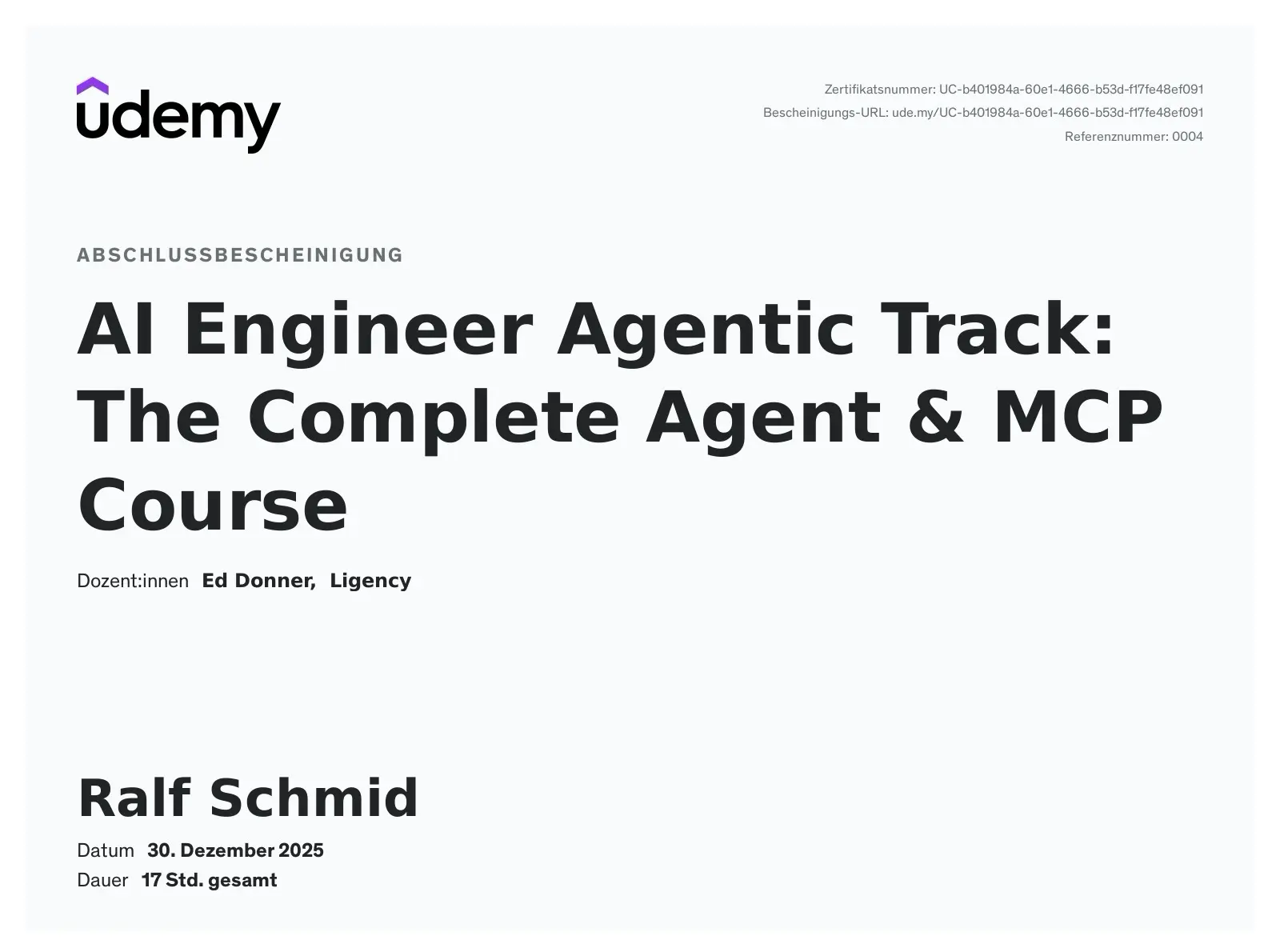 Abschlussbescheinigung AI Engieer Agetnci Track: The complete Agent & MCP Course